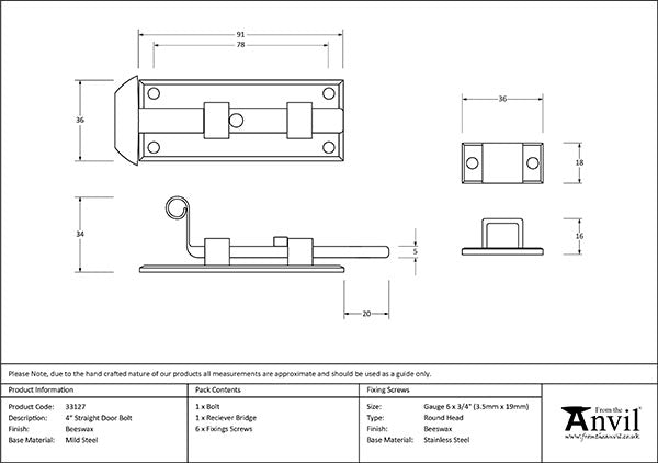 Beeswax 4" Straight Door Bolt