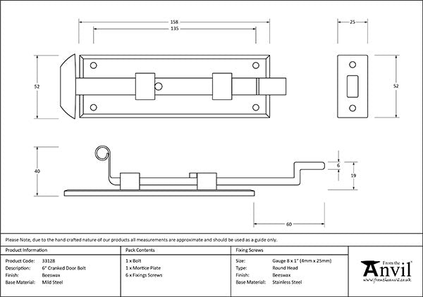 Beeswax 6" Cranked Door Bolt