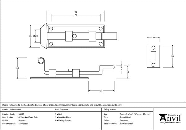 Beeswax 4" Cranked Door Bolt