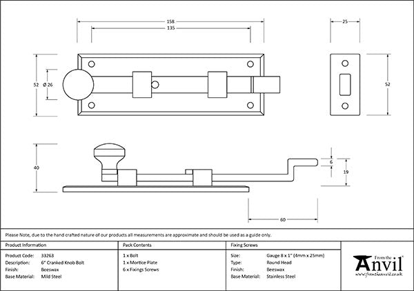 Beeswax 6" Cranked Knob Bolt