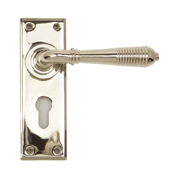 From The Anvil's Polished Nickel Reeded Lever Euro Lock Set