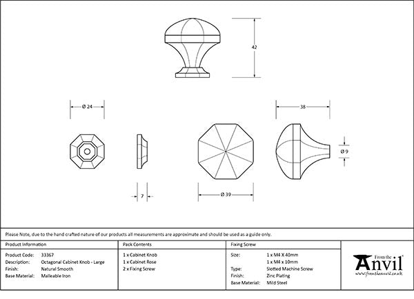 Natural Smooth Octagonal Cabinet Knob - Large