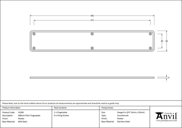 Pewter 400mm Plain Fingerplate