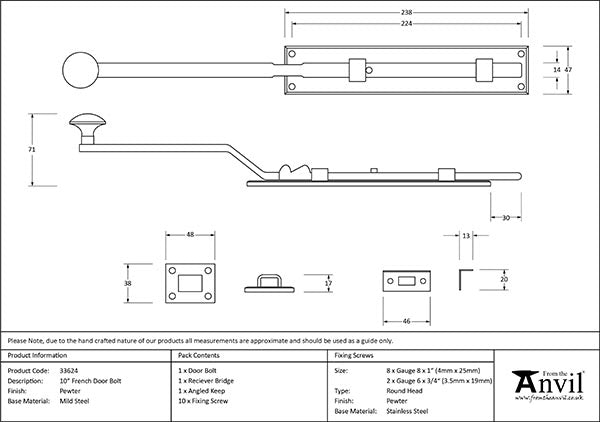 Pewter 10" French Door Bolt