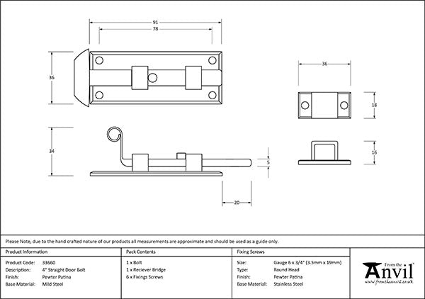 Pewter 4" Straight Door Bolt