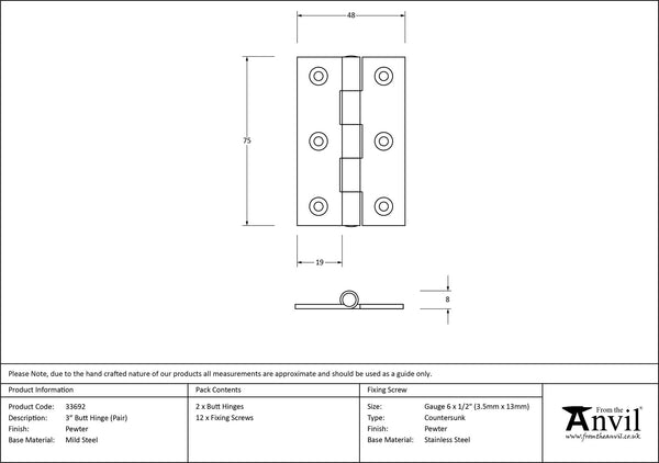 Butt Hinge - Large (pair) by From The Anvil