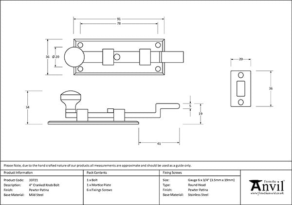 Pewter 4" Cranked Knob Bolt