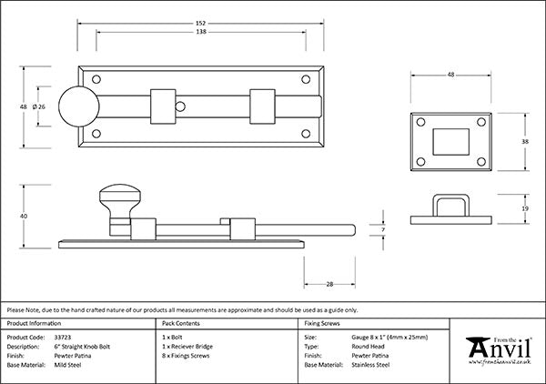 Pewter 6" Straight Knob Bolt