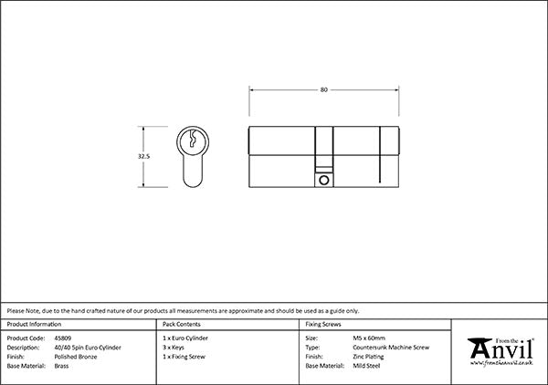 Polished Bronze 40/40 5pin Euro Cylinder