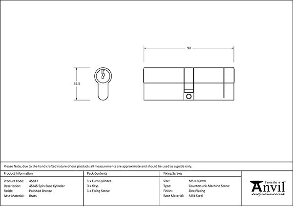 Polished Bronze 45/45 5pin Euro Cylinder