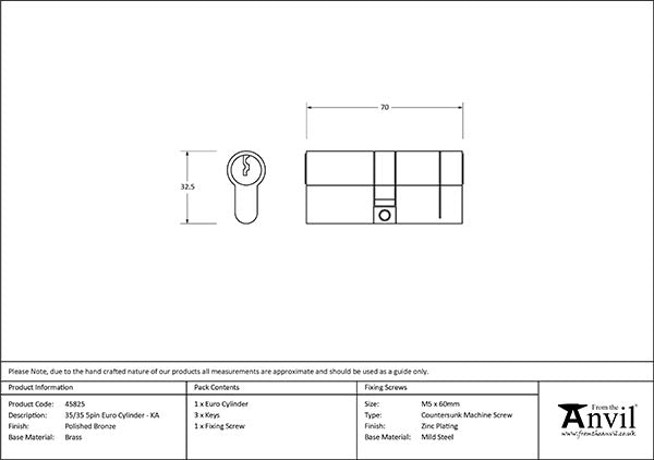 Polished Bronze 35/35 5pin Euro Cylinder KA