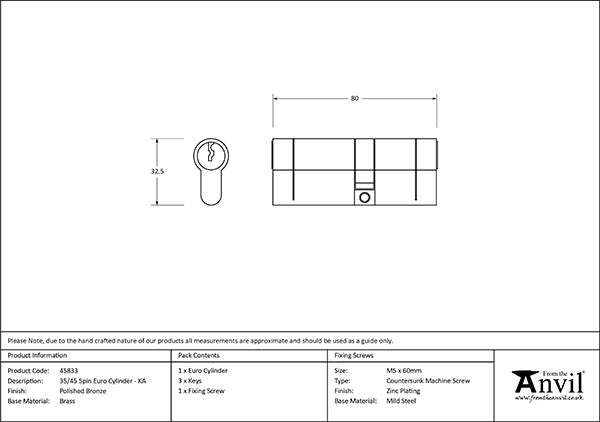 Polished Bronze 35/45 5pin Euro Cylinder KA