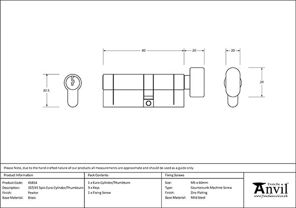 Pewter 35T/45 5pin Euro Cylinder/Thumbturn