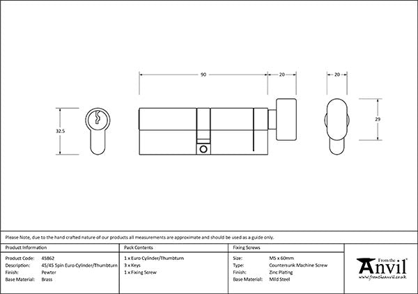 Pewter 45/45 5pin Euro Cylinder/Thumbturn