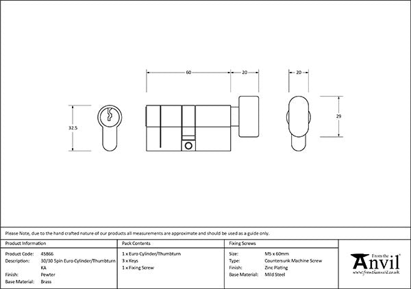 Pewter 30/30 5pin Euro Cylinder/Thumbturn KA