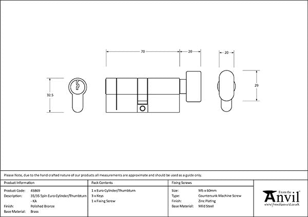 Polished Bronze 35/35 5pin Euro Cylinder/Thumbturn KA