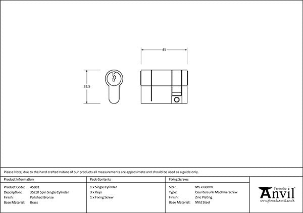 Polished Bronze 35/10 5pin Single Cylinder