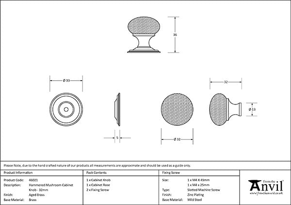 Aged Brass Hammered Mushroom Cabinet Knob 32mm