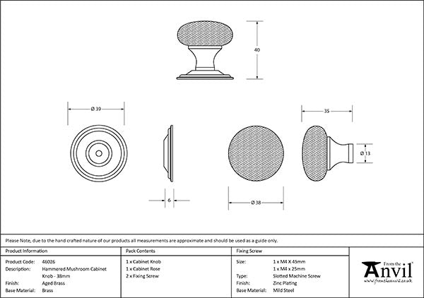 Aged Brass Hammered Mushroom Cabinet Knob 38mm