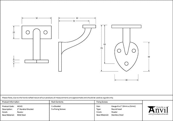 Pewter 2" Handrail Bracket