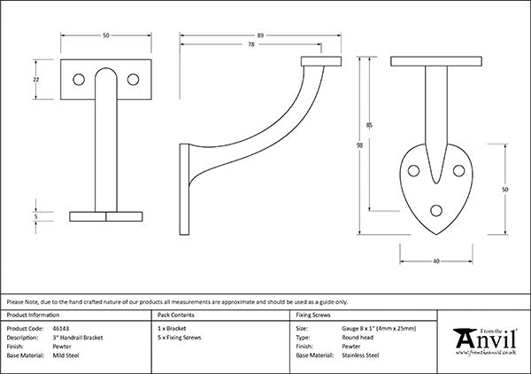 Pewter 3" Handrail Bracket