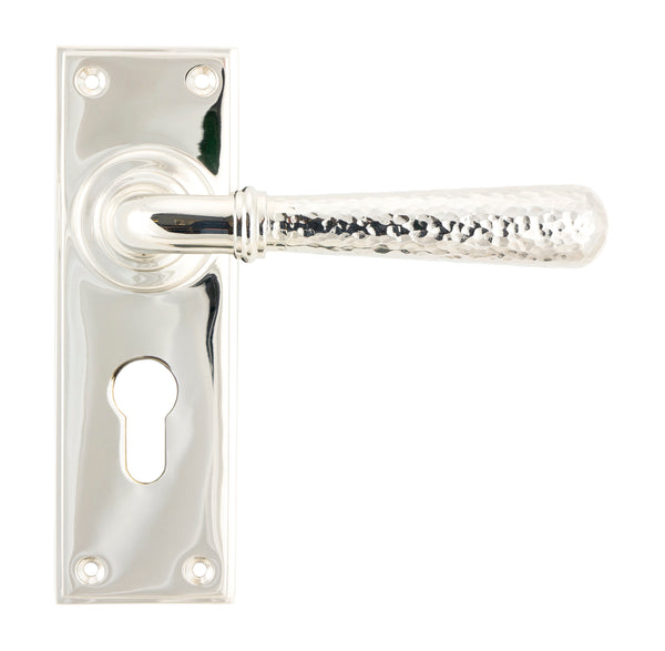 From The Anvil's Polished Nickel Hammered Newbury Lever Euro Lock Set