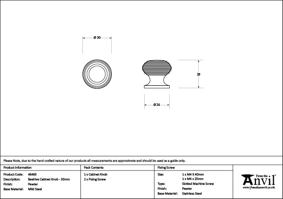 Pewter Beehive Cabinet Knob 30mm