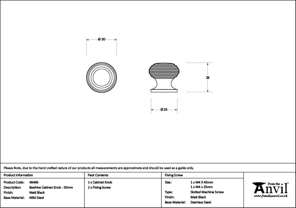 Matt Black Beehive Cabinet Knob 30mm