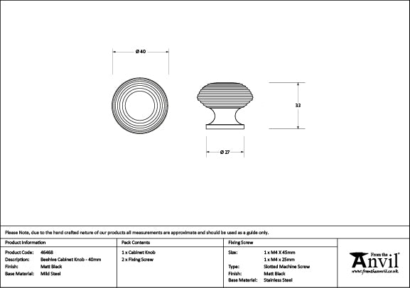 Matt Black Beehive Cabinet Knob 40mm