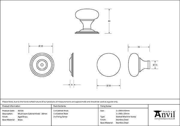 Aged Brass Mushroom Cabinet Knob 38mm