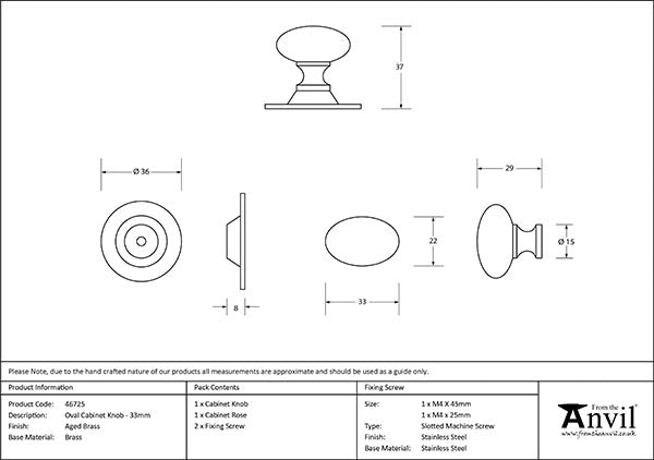 Aged Brass Oval Cabinet Knob 33mm