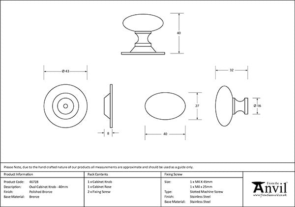 Polished Bronze Oval Cabinet Knob 40mm