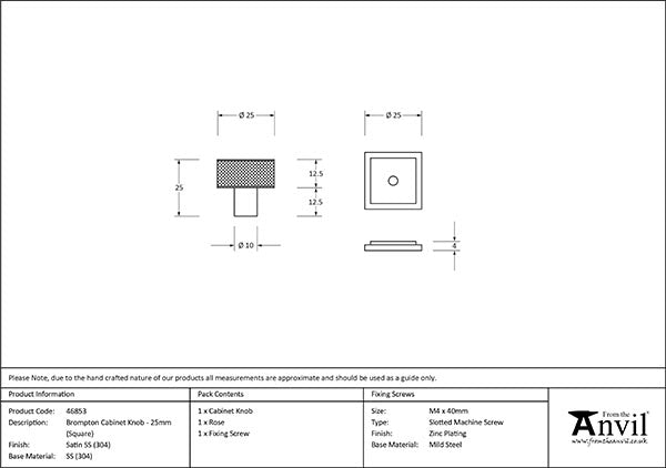 Satin SS (304) Brompton Cabinet Knob - 25mm (Square)