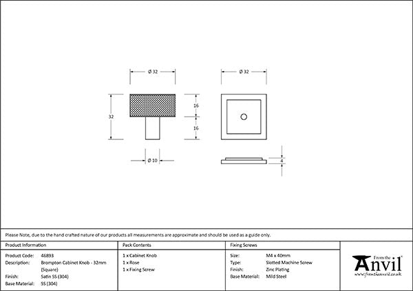 Satin SS (304) Brompton Cabinet Knob - 32mm (Square)