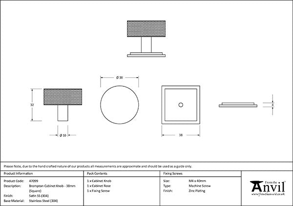 Satin SS (304) Brompton Cabinet Knob - 38mm (Square)