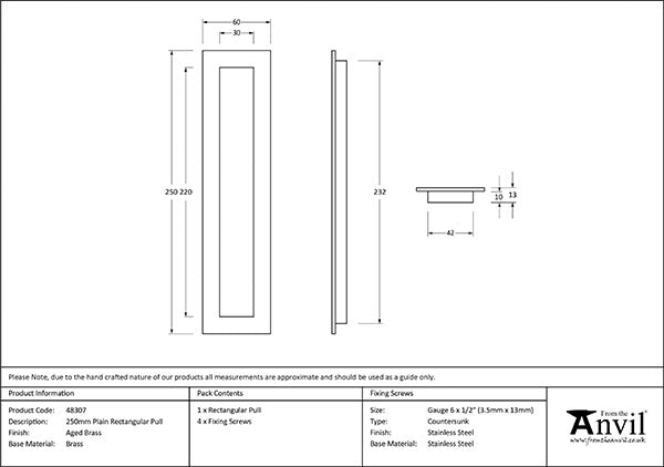 Aged Brass 250mm Plain Rectangular Pull