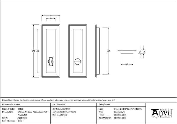 Aged Brass 175mm Art Deco Rectangular Pull - Privacy Set