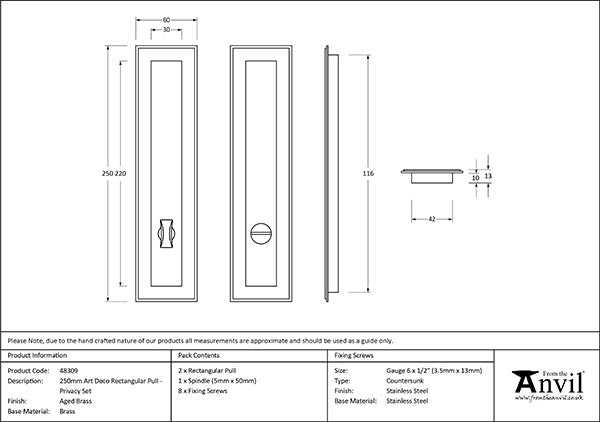 Aged Brass 250mm Art Deco Rectangular Pull - Privacy Set