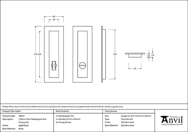 Aged Brass 175mm Plain Rectangular Pull - Privacy Set