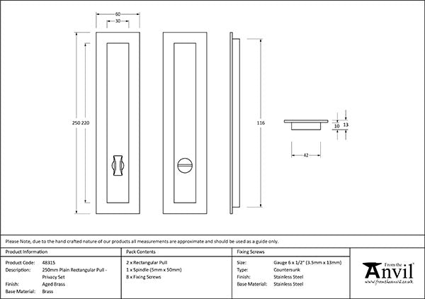 Aged Brass 250mm Plain Rectangular Pull - Privacy Set