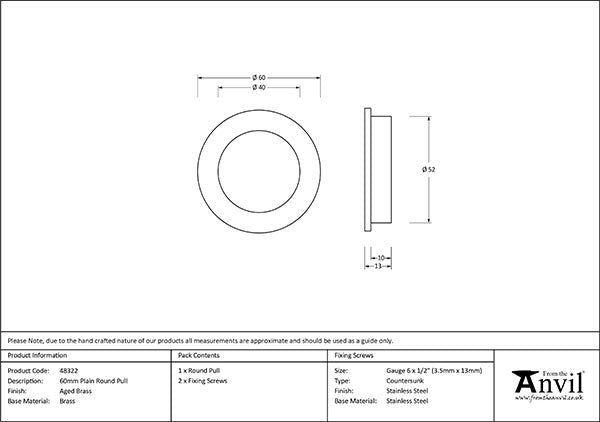 Aged Brass 60mm Plain Round Pull