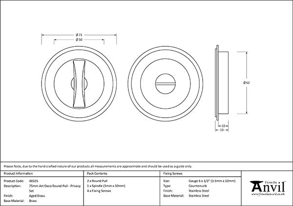 Aged Brass 75mm Art Deco Round Pull - Privacy Set