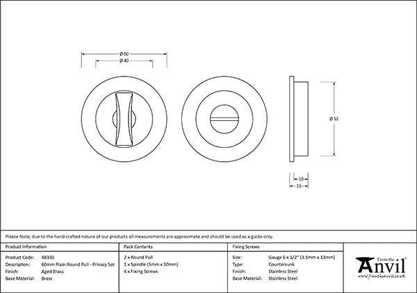 Aged Brass 60mm Plain Round Pull - Privacy Set