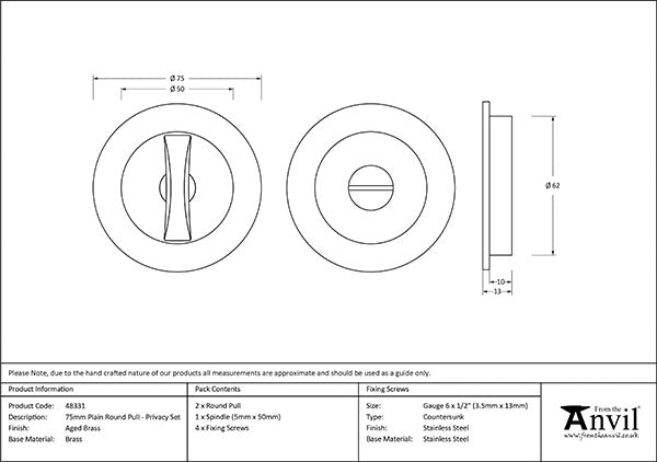 Aged Brass 75mm Plain Round Pull - Privacy Set