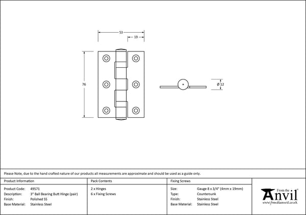 Ball Bearing Butt Hinge (pair) SS by From The Anvil