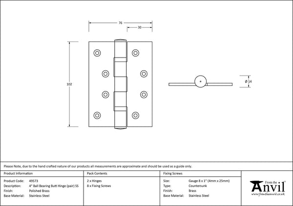 Ball Bearing Butt Hinge (pair) SS by From The Anvil