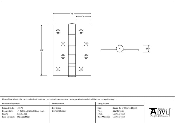 Ball Bearing Butt Hinge (pair) SS by From The Anvil
