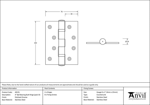 Ball Bearing Butt Hinge (pair) SS by From The Anvil