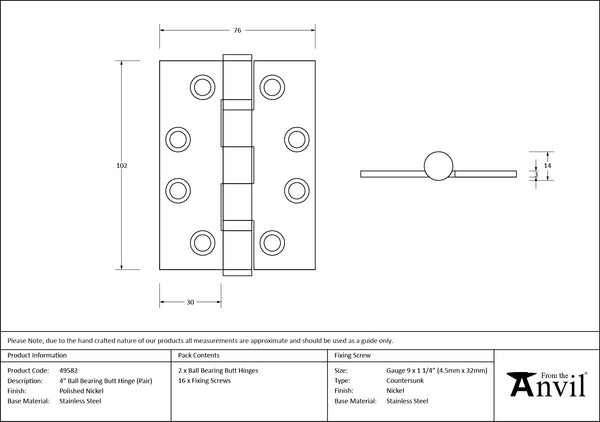 Ball Bearing Butt Hinge (pair) SS by From The Anvil