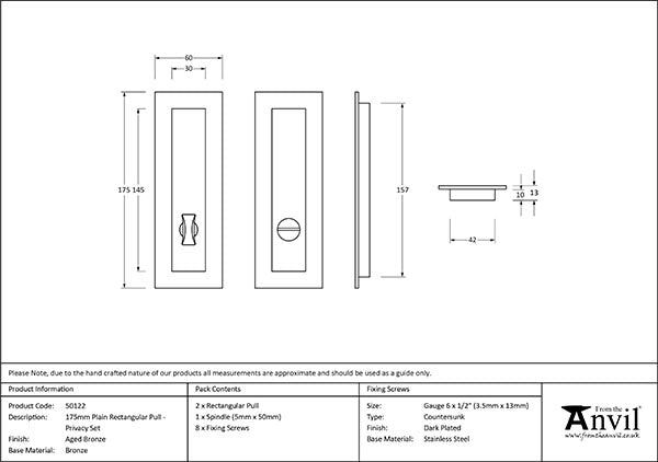 Aged Bronze 175mm Plain Rectangular Pull - Privacy Set